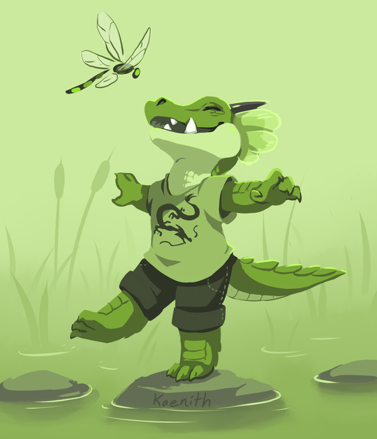 A drawing of Drago from Animal Crossing - an anthropomorphic alligator-dragon walking across stepping stones and smiling at a dragonfly.