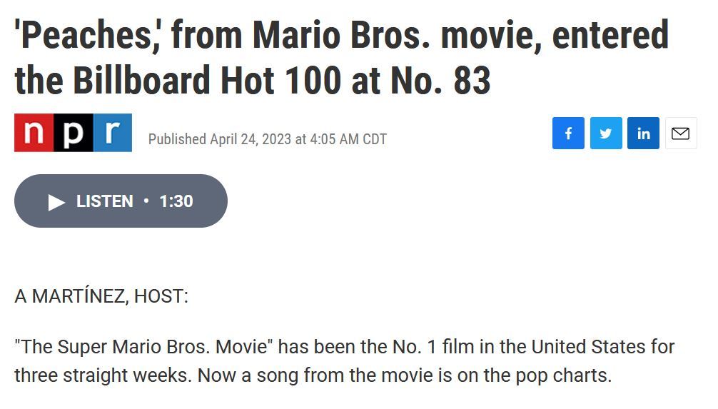 Jack Black's 'Peaches' from The Super Mario Bros Movie enters the Billboard  Hot 100