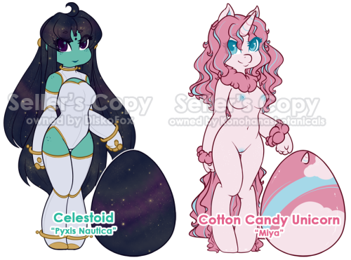 cheshirecatsmile37art:  Here are the hatched mystery adopts!The Celestial Egg was bought by DiskoFox. It hatched into a Celestoid whose new name is Pyxis Nautica.The Candyfloss Egg was bought by konohanasbotanicals. It hatched into a Cotton Candy Unicorn