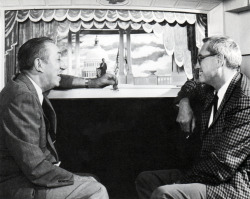 gameraboy:  Above, Walt Disney and WED designer Vic Greene reviewing the model of Great Moments with Mr. Lincoln in 1963. Below, putting the finishing touches on Abraham Lincoln’s face for the 1964 New York World’s Fair.