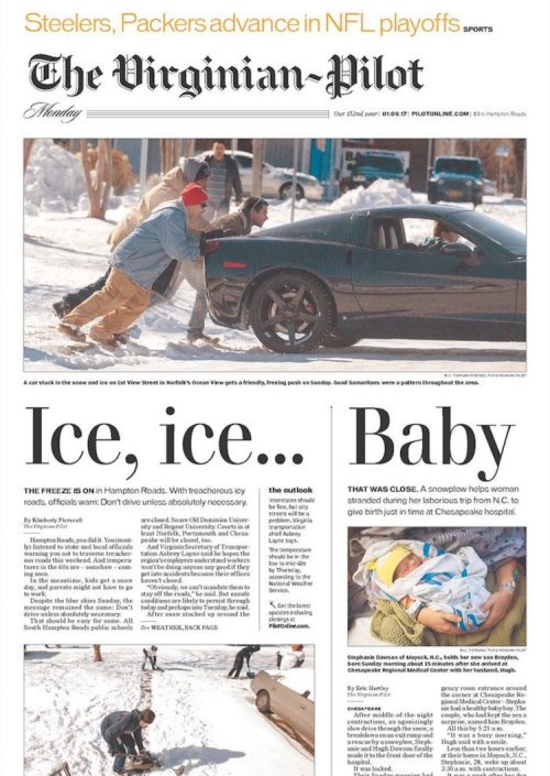 laughingsquid:Ice, Ice…Baby, The Virginian-Pilot Nails It With a Brilliant Front Page Layout of Thei