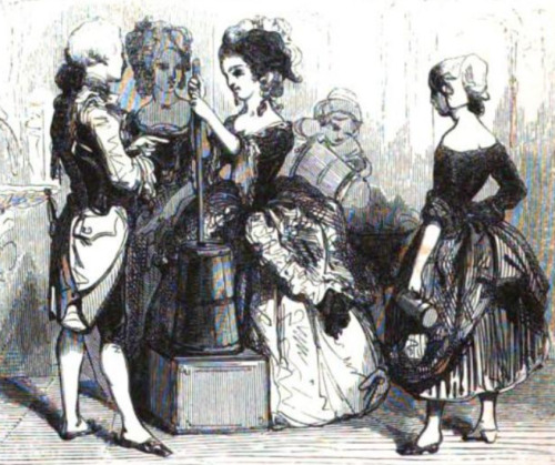 L'une des premières représentations connues du mythe de la «fausse bergère Marie-Antoinette», tirée d'un magazine illustré de 1844.  L'idée que Marie Antoinette se déguise en jolie bergère et se livre à une parodie aristocratique du travail agricole (barattage ...