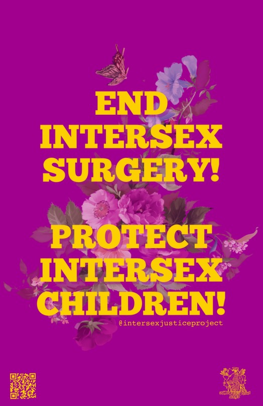 a poster with a purple background and delicate pink roses in the background. there is yellow text that says "end intersex surgery! Protect intersex children! @intersexjusticeproject"