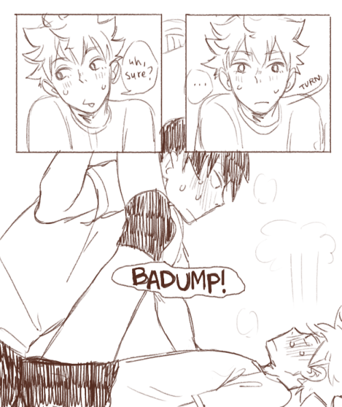 ohmilk: Anonymous asked milkbois: “If you still need ideas maybe a picture with Kageyama and Hinata stretching after practice and Kageyama gets flustered because Hinata is really flexible so he gets dirty thoughts?”