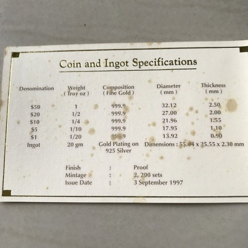 1997 Singapore Lion Gold Coins  (5 Proof Gold Coins Total 1.9oz + Gold/Silver Ingot Box) Mintage: 22