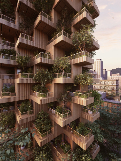 archatlas:  Penda proposes Toronto Tree Tower built from cross-laminated timber modules  Plants and trees sprout from the modular units that make up this timber-framed high-rise, proposed by architecture firm Penda for Toronto. Penda, which has offices