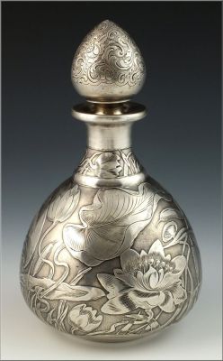 coisasdetere:   Fine Gorham Art Nouveau Sterling Silver Overlay Perfume Bottle.  