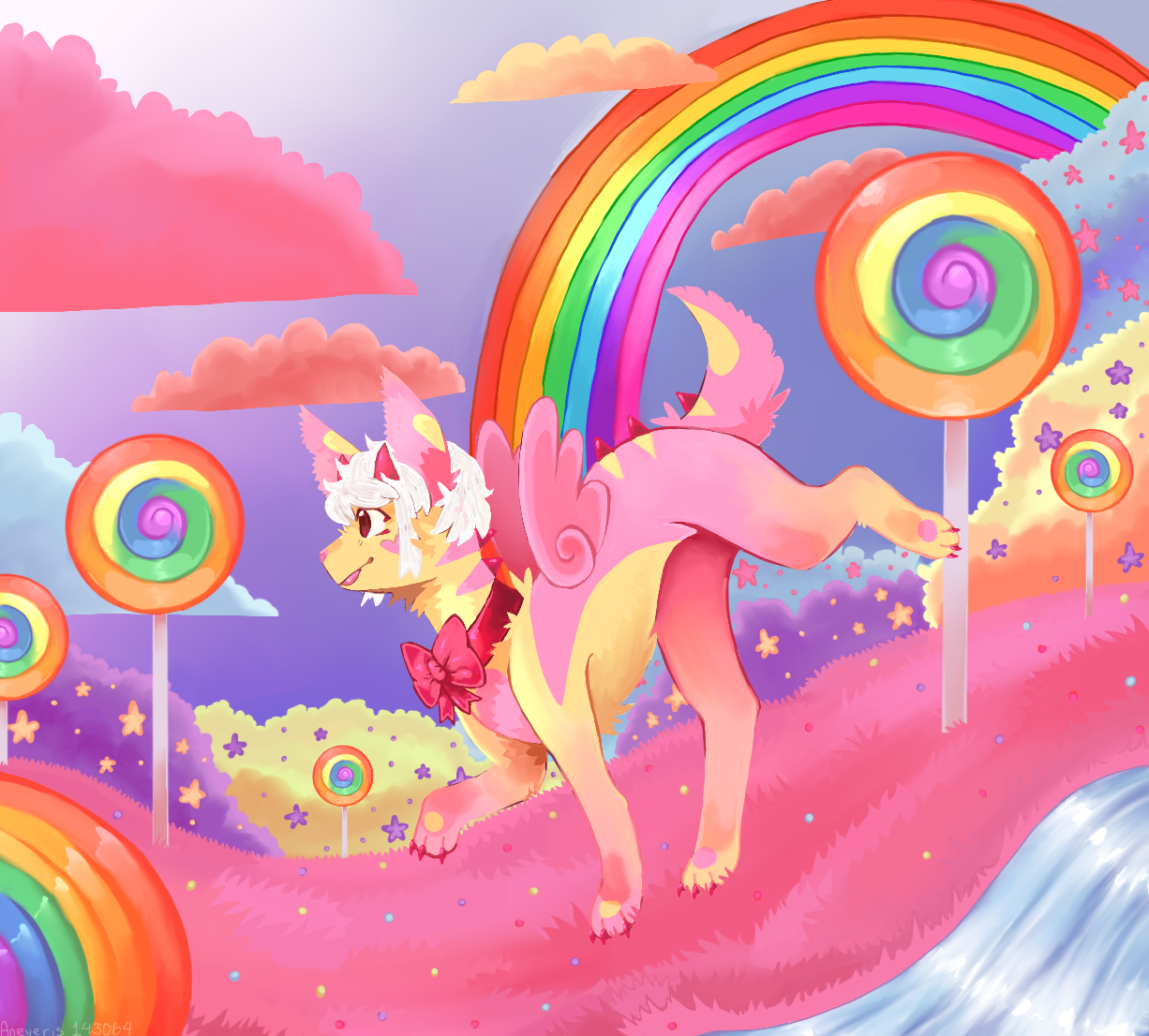a painting of my best friends fursona running through a world of candy, shes smiling and looking around