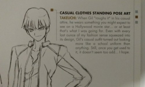 relatablepicturesofgilgamesh:i love how underwhelming takeuchi’s explanation of gil’s casual clothin