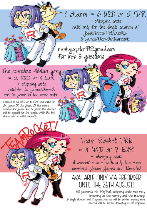eileen-crys: TEAM ROCKET CHARMS - PREORDERS OPEN!There are 3 charms:Jessie + Wobbuffet + MimikyuJame