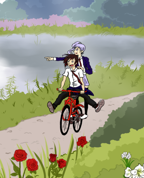 greentaffy: Two dorks riding a bike. Amazing art by Yodog for my (now completed!!!) fanfic, I Think 