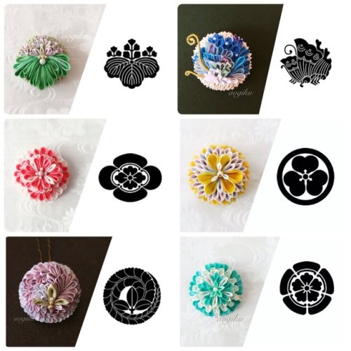 Intricate tsumami hairpins depicting traditional japanese family crests (mon), amazing designs by @a