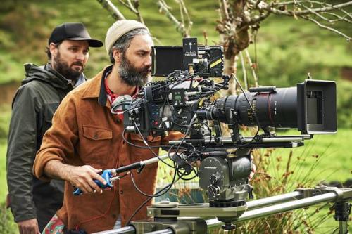 Taika Waititiwith cast and crew while filming Hunt for the Wilderpeople (2016)