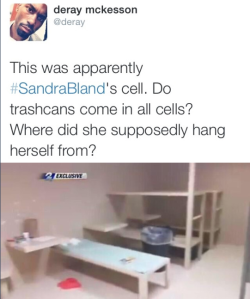 sensitiveblackperson:  babypinkacrylicnails:  untouchablethot:  krxs10:  Picture taken of scene where Sandra Bland allegedly “hung herself”, moments after the body was “found” was just released. And of course, no one is buying it.Police are