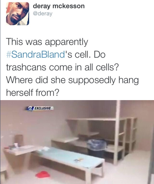 untouchablethot:
“krxs10:
“Picture taken of scene where Sandra Bland allegedly “hung herself”, moments after the body was “found” was just released. And of course, no one is buying it.Police are claiming that Sandra took the trash bag out and tied it...