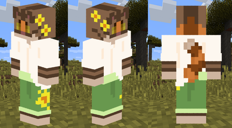 a minecraft skin of a brown tortoiseshell tabby cat in green pants and a cream button down with the sleeves rolled to the elbow. he has yellow eyes and yellow flowers on his head, as well as a larger one printed on the left side of his pants.