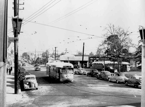 The P Line Street Car at the 1st Street and Chicago Street loop in Boyle Heights, late 1940’s.
