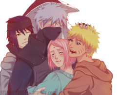 sixfootdeep:  TEAM 7 HUGS ARE SO IMPORTANT TO ME RIGHT NOW OK Kakashi shows up and jokes about his cute little team congratulating him  on his Hokagedom with a hug but DOESN’T EXPECT THEM ALL TO ACTUALLY HUG HIM. Sasuke is giving him a ninja!hug from