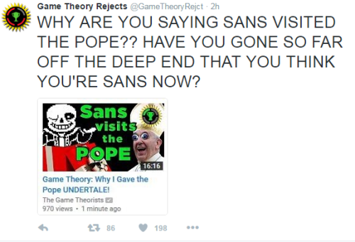 green-gg: the Game Theory Rejects twitter upon the discovery that Matpat gave a copy of Undertale to