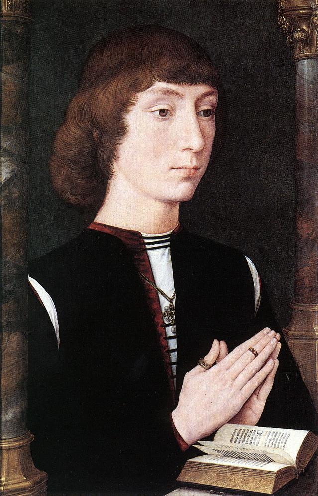 artist-memling: Young Man at Prayer, Hans Memling Medium: oil,oakhttps://www.wikiart.org/en/hans-memling/young-man-at-prayer-1475