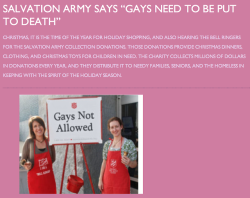 100slytherin: goldstarprivilege:  appropriately-inappropriate:  wirstdate:  liefplus:  if u weren’t aware of salvation army’s homophobia, its prety hardcore  a guy in a salvos truck yelled at me and my gf while we were kissing today so I was thinking