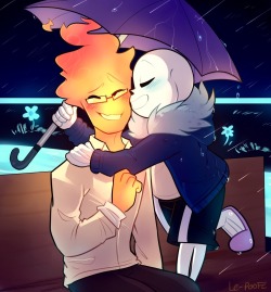le-poofe: Kisses in the rain &lt;3  I love the height differences between Grillbz and Sans, it’s so fun to draw  Thank you guys so much for 1,000 followers! It means a lot to me! 