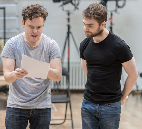 Daniel Radcliffe rehearses with Joshua McGuire for Rosencrantz and Guildernstern are Dead. [Pho