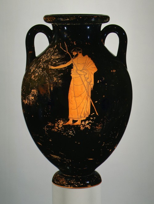 Terracotta amphora with a young man playing the kithara (top) and a judge (bottom), attributed to th