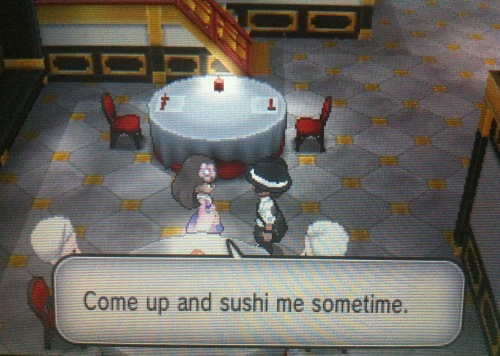 pokemondialogue:  In the two months that I’ve had this game I still could not understand what the hell this girl is saying.  I’m pretty sure it’s a pick up line, I just…. Wat.