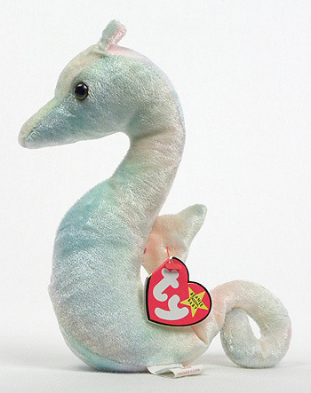 pictured: pastel rainbow seahorse plushie. tail is curled under and a 'TY' tag is attatched to its dorsal fin. seahorse is facing left.