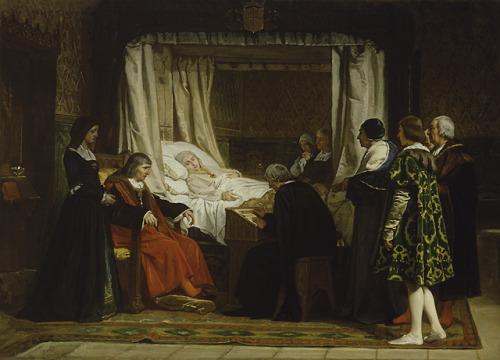 Queen Isabel la Católica dictating her last will and testament, by Eduardo Rosales (1864).