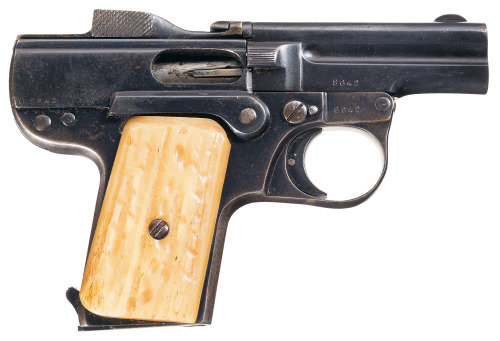 Henri & Nicolas Pieper semi automatic pistol with stag grips, early 20th century.