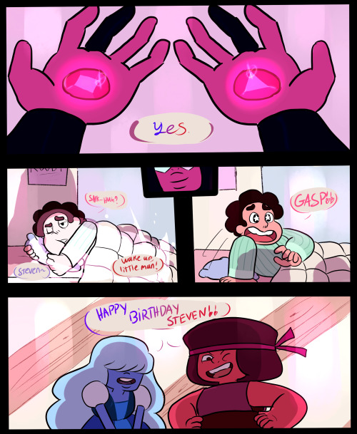 jen-iii:  ‘Ruby!! Sapphire!!’ rupphirebomb day 5: Free for all! Of course I have to do a Steven’s Birthday one ;u; I tried to make it look as close to canon as I can in SAI and I’m proud with the results! 