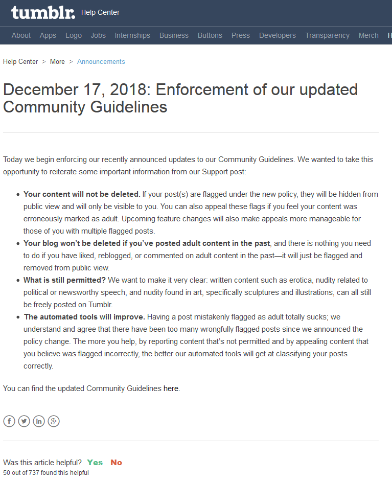 They actually tried to remove my blog. I had to use a workaround to get it back.https://sniperct.tumblr.com/post/181206626016/psa-if-your-blog-is-stuck-in-explicit-modeTumblr
