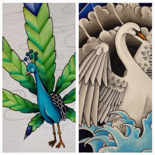 Some birdies in progress. The peacock is on a split poster with Poor Jeff, the swan is a back piece 