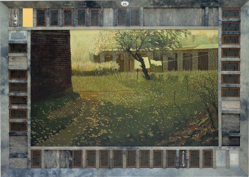 Jacek Rykała（Polish, b.1950 ）Mgła I    1997   olej+kolażCykl Rezydencje-Agnieszka   1998-2000   olej+kolażPodszepty dzielnicy Sielec-radio na pierwszym piętrze   1998   olej+kolarzOgród   1999   olej+kolażAdresat nieznany-żydom ze