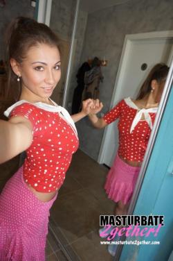 Rebecca from Masturbare2Gether in a pretty pink skirt without any panties underneath!