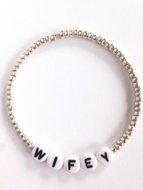 WIFEY Silver Metallic Seed Bead Stretch Bracelet - Alphabet Bead Bohemian Gypsy Beach Stretch Bracel