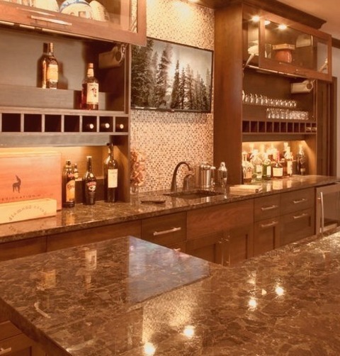 Kansas City Home Bar Galley A Large Transitional Galley Seated Home Bar Design With Porcelain Tile Flooring,