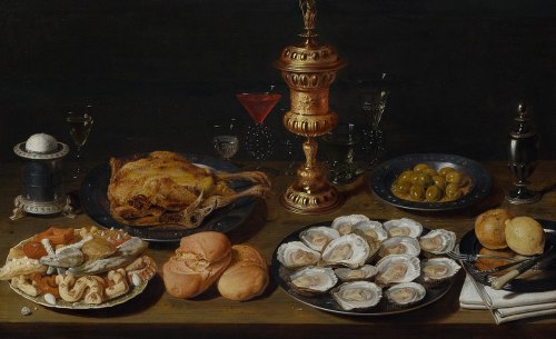 dutch-and-flemish-painters:David Rijckaert (II) - Still life with capon, oysters, bread, pastries, v