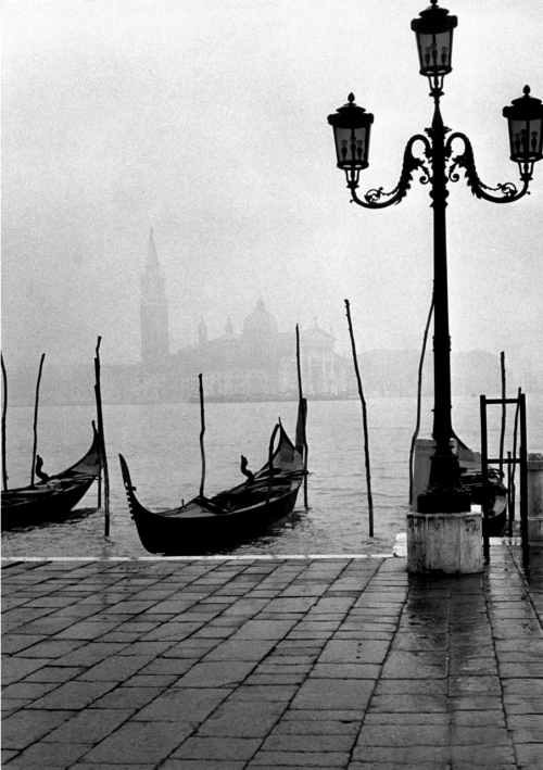 onlyoldphotography:Dmitri Kessel: Moored gondolas on a foggy Grand Canal with Santa Maria della Salu