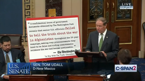 Who: Sen. Tom Udall (D-New Mexico)Twitter: @SenatorTomUdallWhen: December 2019What: War in Afghanist