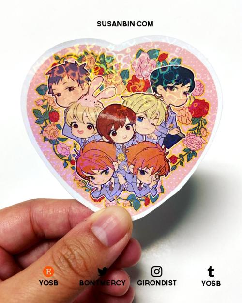 the ouran buttons are FINALLY restocked!!! this batch of heart pin buttons has a special holographic