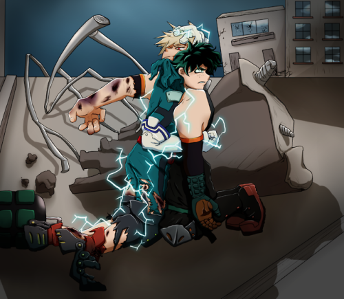 kikajpg: Here’s a pro-heroes bakudeku four-way art collab Elliot (@overexciteddragon), Yitami 