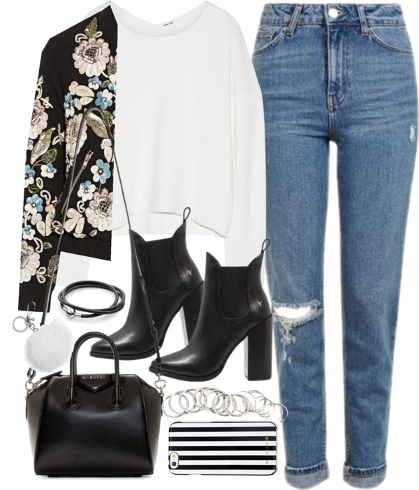 Outfit with blue jeans and a bomber jacket by ferned featuring Michael Kors
Helmut Lang sweater, 245 AUD / Needle Thread floral jacket, 430 AUD / Topshop ripped jeans, 98 AUD / Givenchy handbags purse, 2 255 AUD / Charm bracelet, 78 AUD / Michael...