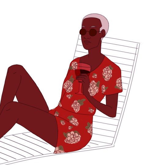 blueoceanarts:[ID: A fullcolor image of Lucretia leaning back in a lounge chair holding a glass of w