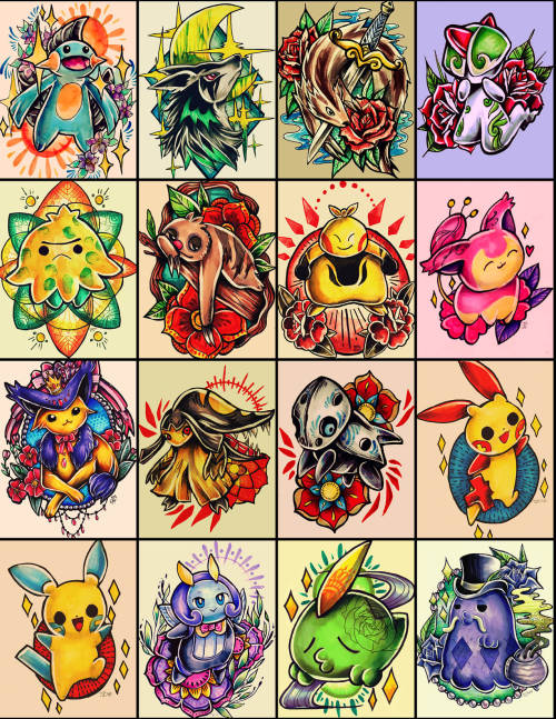 retkikosmos:  Pokemon Tattoo Design Seriesfull series as of June 2015my biggest series of i’ve done/ will ever doI took a few months hiatus from this project but I’m back at it and i’m still determined to draw them all! 