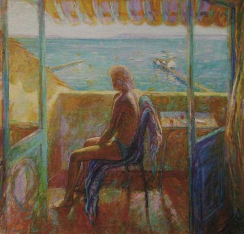 The Balcony , Kate at Sorrento    -    Brian Seidel,  1982Australian,b.1928-Oil on canvas, 106.5 x 1