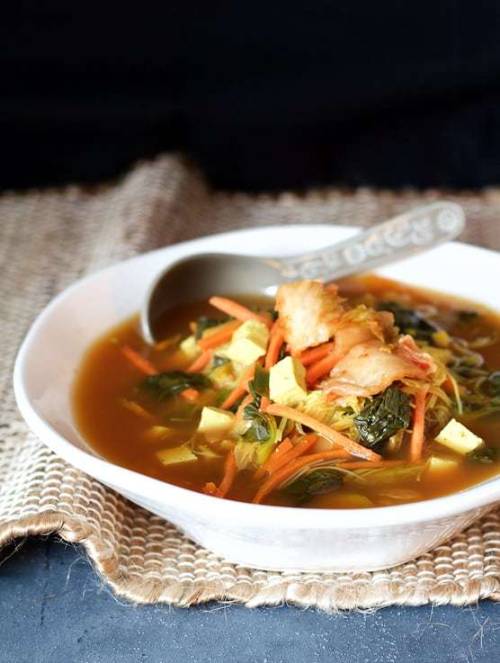 Asian Vegetable Soup with Tofu, Kimchi and Rice Noodles Get the recipe