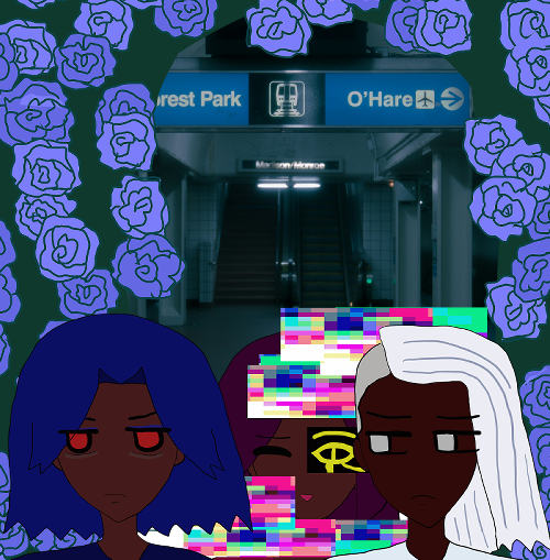the triplets are in front of the dark stairs and platform of the forest park and o'hare blue line chicago station. vibrant blue roses fall everywhere behind them with a mimicked dark green-blue rose arch similar to armando and ranvir's in their older age rose arch art.
